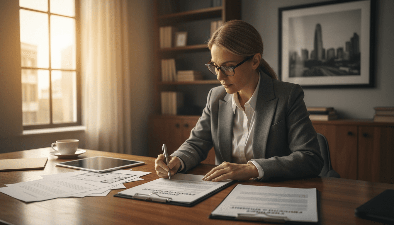 Professional reviewing real estate documents at a clean modern desk