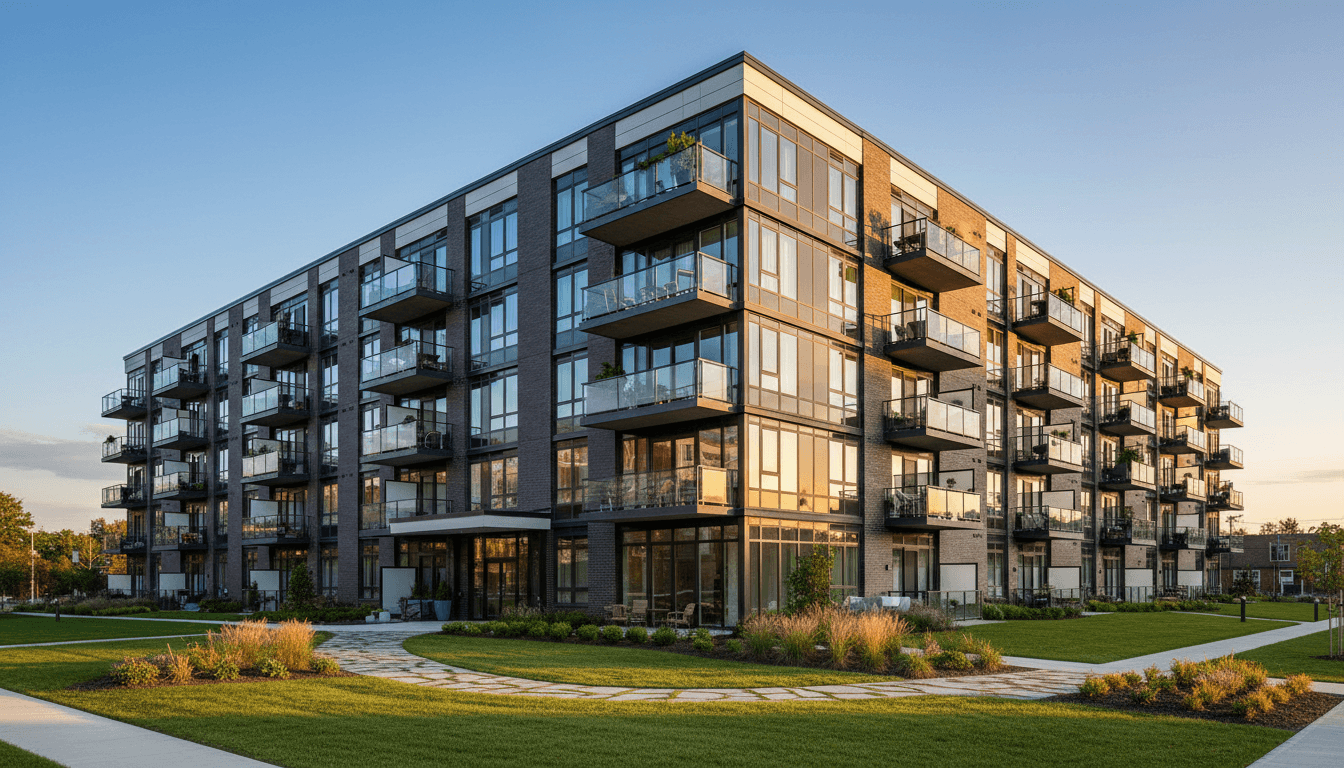 Modern multi-unit apartment complex with brick and glass facade, manicured landscaping, and welcoming entrance during golden hour