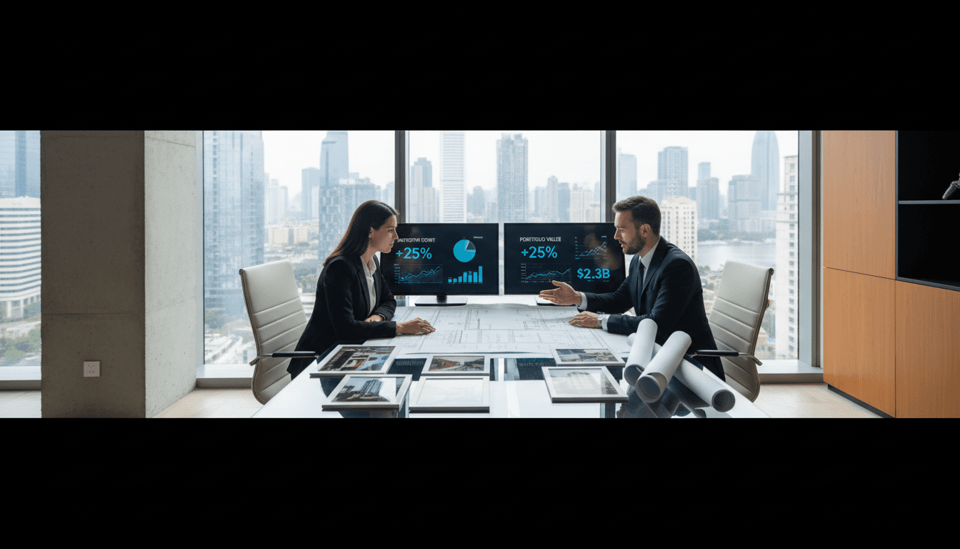 Two professionals in a quiet office setting reviewing property documents and having a confidential conversation
