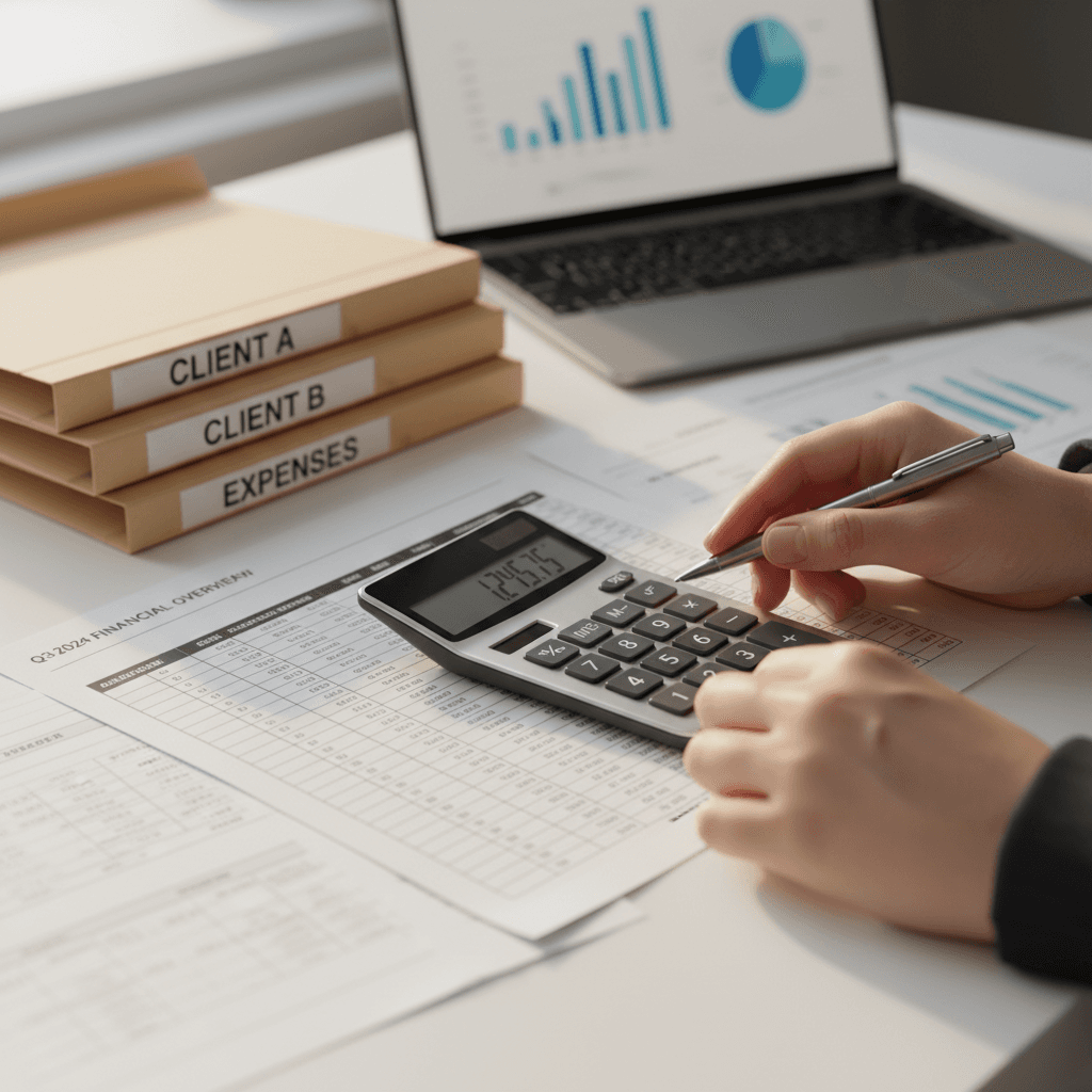 Accountant's hands reviewing financial spreadsheets and documents with calculator at organized office desk